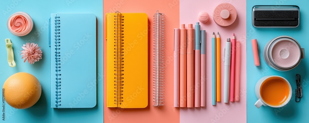 Obraz premium Flat lay of colorful stationery, notebooks, and office supplies on a pastel background.