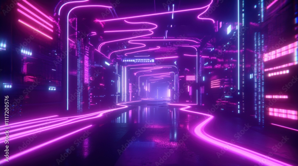 Futuristic neon-lit corridor with vibrant pink and blue glowing lines, reflective floor, and technological details. Futuristic neon-lit corridor with vibrant pink and blue glowing lines, reflective floor, and technological details.