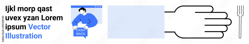 Fork, hand, and blue character holding Splash Mock in a minimalist vector style. Ideal for user interfaces, educational materials, presentations, marketing, web design, app design, infographics Fork, hand, and blue character holding Splash Mock in a minimalist vector style. Ideal for user interfaces, educational materials, presentations, marketing, web design, app design, infographics