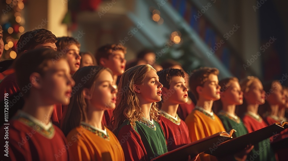 Fototapeta premium A colourful choir of young adults performing in a church on Christmas Eve. Sacred ambiance with divine energy.