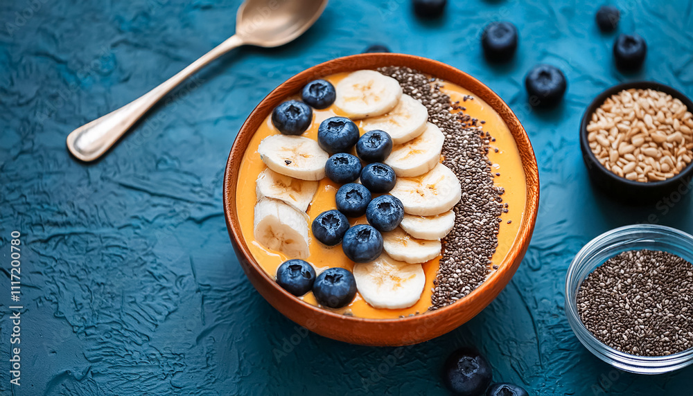 Artistic Vegan Smoothie Bowl with Chia Seeds, Bananas, and Blueberries Artistic Vegan Smoothie Bowl with Chia Seeds, Bananas, and Blueberries