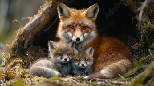 Red fox vixen with two cubs in den.