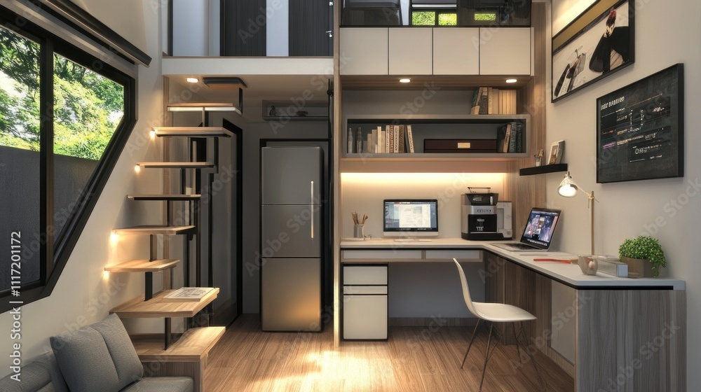 Modern tiny home interior with loft, desk, and spiral staircase. Modern tiny home interior with loft, desk, and spiral staircase.