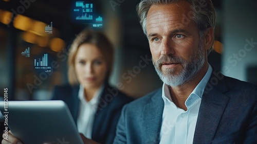 Focused businessman reviewing data on tablet with colleague in background.