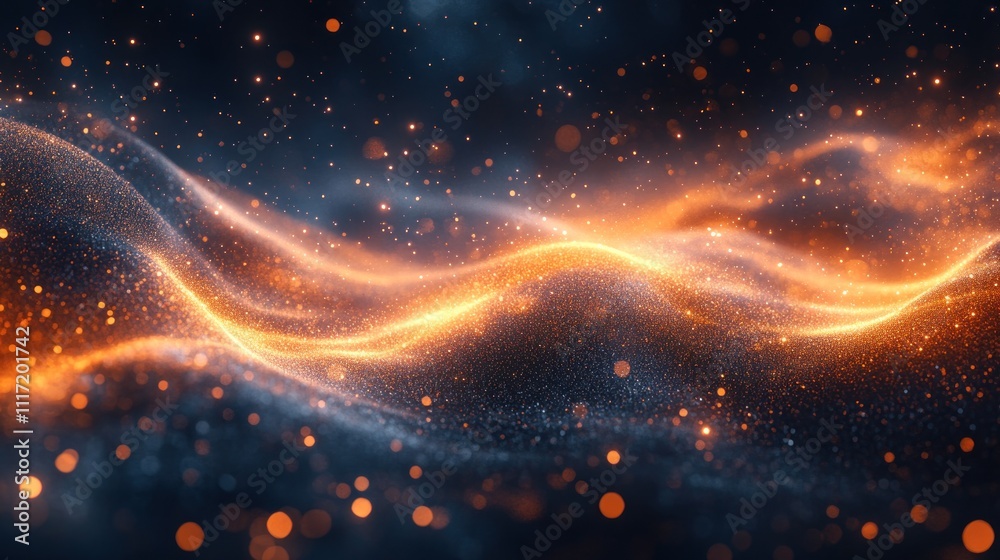 Abstract glowing wave of orange and blue particles on dark background. Abstract glowing wave of orange and blue particles on dark background.