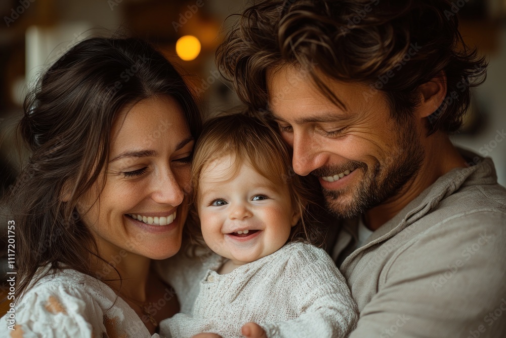 Happy family portrait smiling parents embracing their adorable baby. Happy family portrait smiling parents embracing their adorable baby.