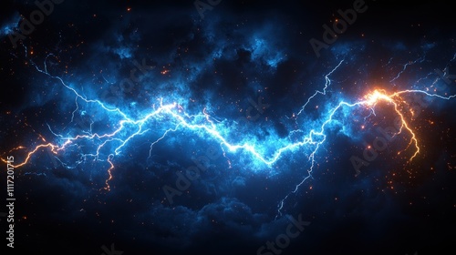 Abstract blue and orange lightning bolts amidst dark clouds.