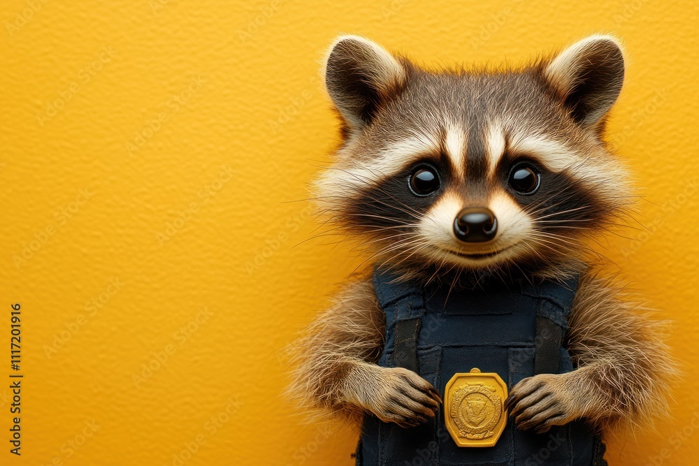 Cute raccoon in police vest holding badge against yellow background. Cute raccoon in police vest holding badge against yellow background.