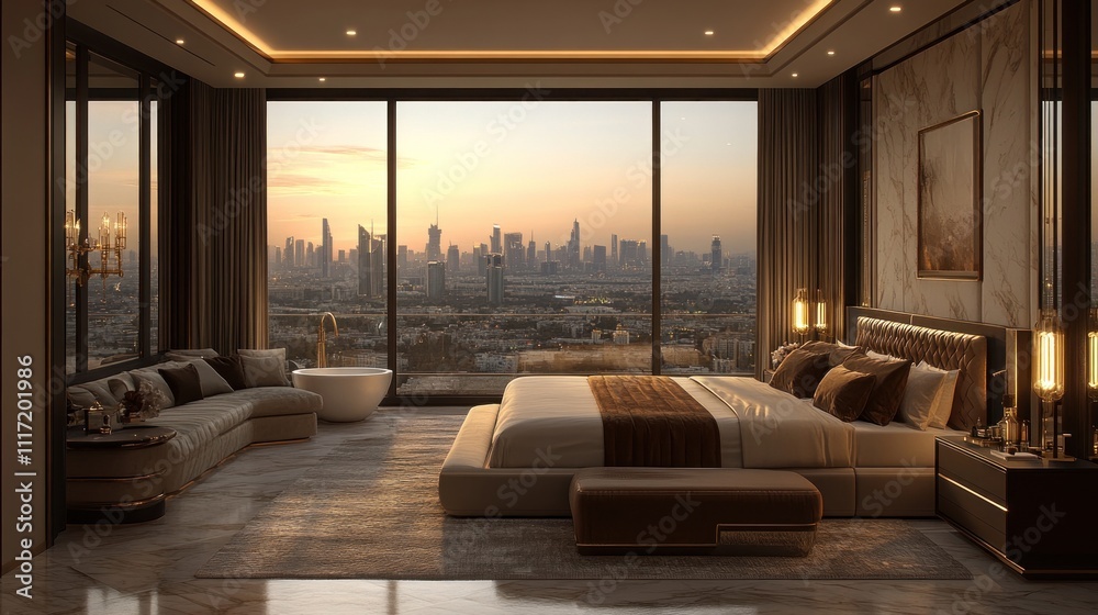 Luxurious bedroom with panoramic city view at sunset. Luxurious bedroom with panoramic city view at sunset.