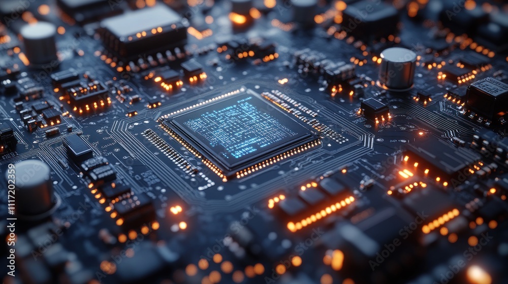 Close-up of a central processing unit (CPU) on a circuit board, glowing orange and blue. Close-up of a central processing unit (CPU) on a circuit board, glowing orange and blue.
