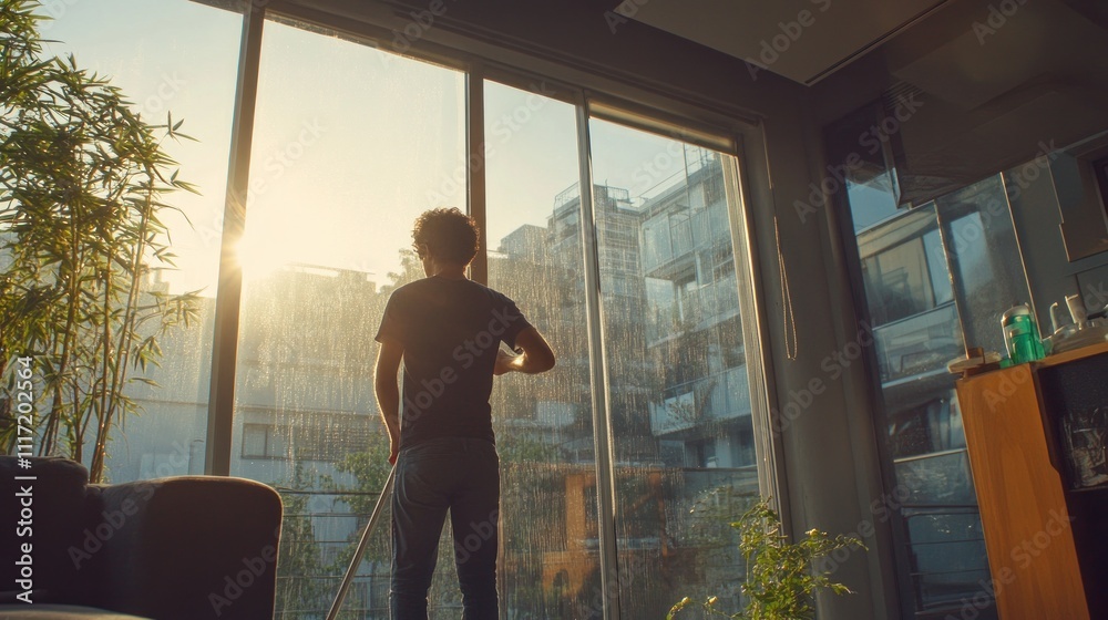 Man cleaning apartment, enjoying sunrise through large window. Man cleaning apartment, enjoying sunrise through large window.