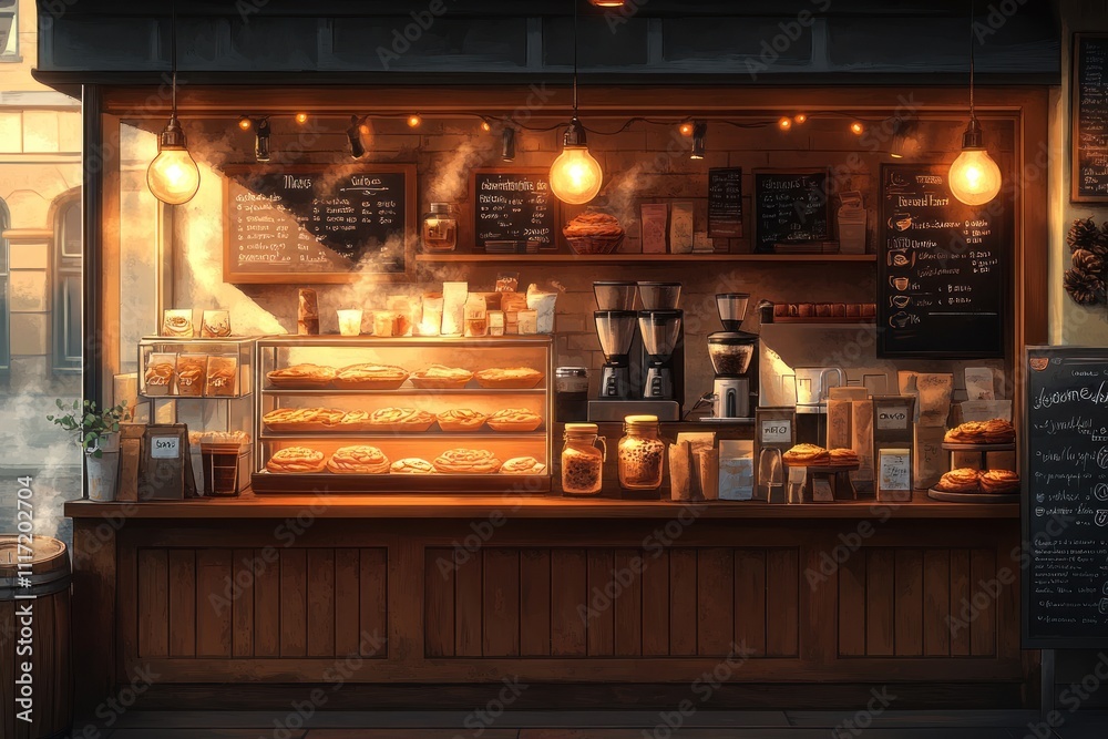 Cozy outdoor coffee shop at sunset, warm lighting illuminates pastries and coffee brewing equipment. Cozy outdoor coffee shop at sunset, warm lighting illuminates pastries and coffee brewing equipment.