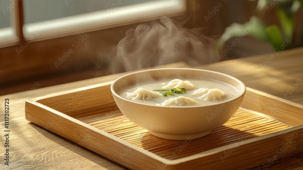Steaming Wonton Soup in Bowl on Bamboo Tray Asian Cuisine Steaming Wonton Soup in Bowl on Bamboo Tray Asian Cuisine