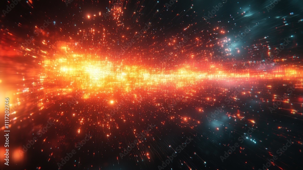 Abstract cosmic energy flow with orange and blue particles in dark space. Abstract cosmic energy flow with orange and blue particles in dark space.