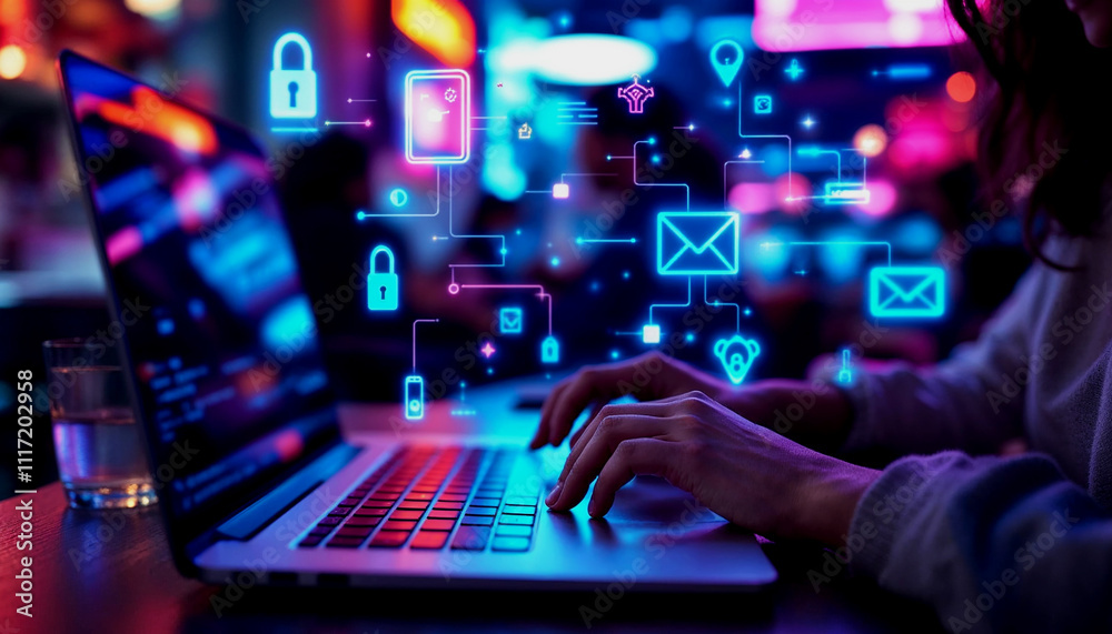 A person's hand typing on a laptop keyboard, with various cybersecurity icons and symbols overlaying the image, including a lock icon, an envelope icon, and other digital security elements A person's hand typing on a laptop keyboard, with various cybersecurity icons and symbols overlaying the image, including a lock icon, an envelope icon, and other digital security elements