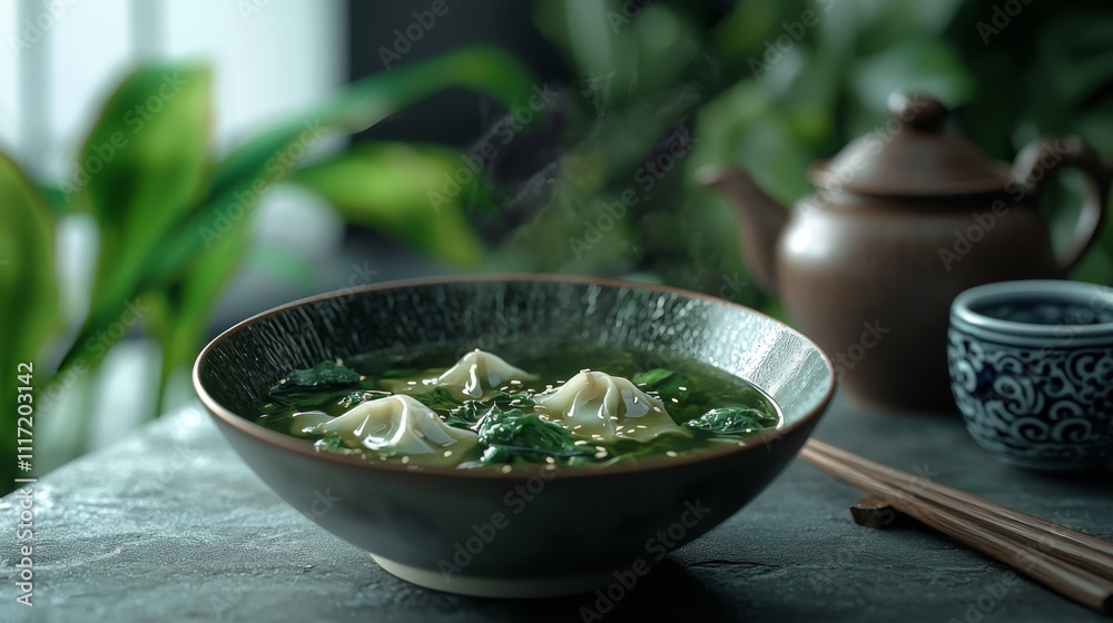 Delicious Wonton Soup with Spinach Sesame and Broth in a Modern Bowl Delicious Wonton Soup with Spinach Sesame and Broth in a Modern Bowl