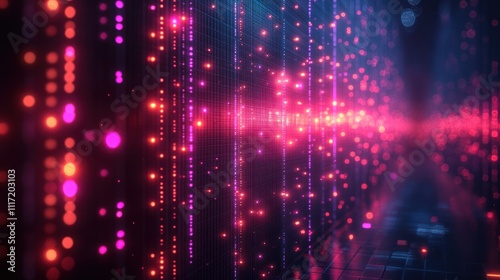 Abstract digital data stream with glowing particles and lines, creating a futuristic and technological background.