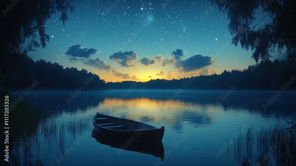 Serene sunset over a calm lake with a lone wooden rowboat, stars visible in the twilight sky. Serene sunset over a calm lake with a lone wooden rowboat, stars visible in the twilight sky.