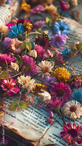 A book with a flowery cover and a page full of flowers. The flowers are of different colors and sizes, and they are scattered all over the page. The book appears to be a novel or a storybook