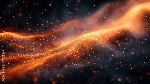 Abstract fiery orange particles flowing in dark space, creating a wavy texture with glowing embers and smoke.