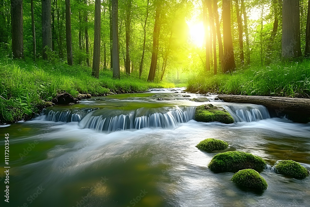 Sunlit stream flows through lush green forest. Sunlit stream flows through lush green forest.