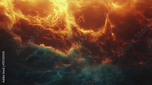 Abstract fiery nebula with swirling orange and teal clouds.