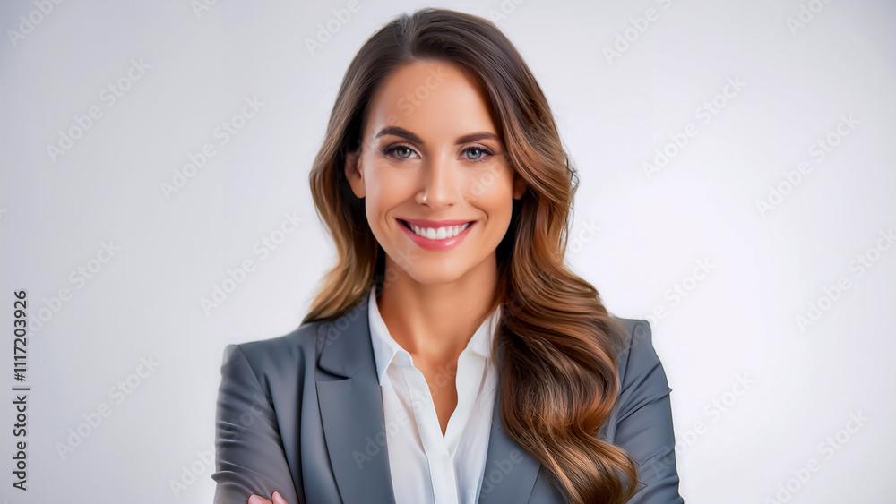 American woman in a business suit is smiling. She is wearing a white shirt and a grey jacket, isolated on a white background American woman in a business suit is smiling. She is wearing a white shirt and a grey jacket, isolated on a white background