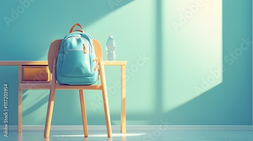 A minimalist image of a student s backpack hung on the back of a chair, with a water bottle and a neatly packed lunchbox sitting on the desk.