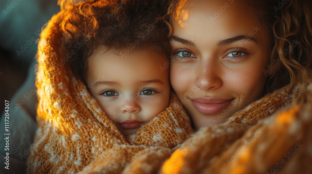 Close-up of a loving mother and daughter snuggled together under a warm blanket. Close-up of a loving mother and daughter snuggled together under a warm blanket.