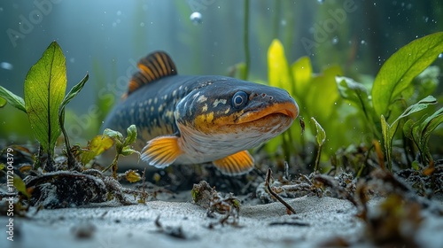 Close-up of a burbot fish swimming in a freshwater riverbed, surrounded by aquatic plants.