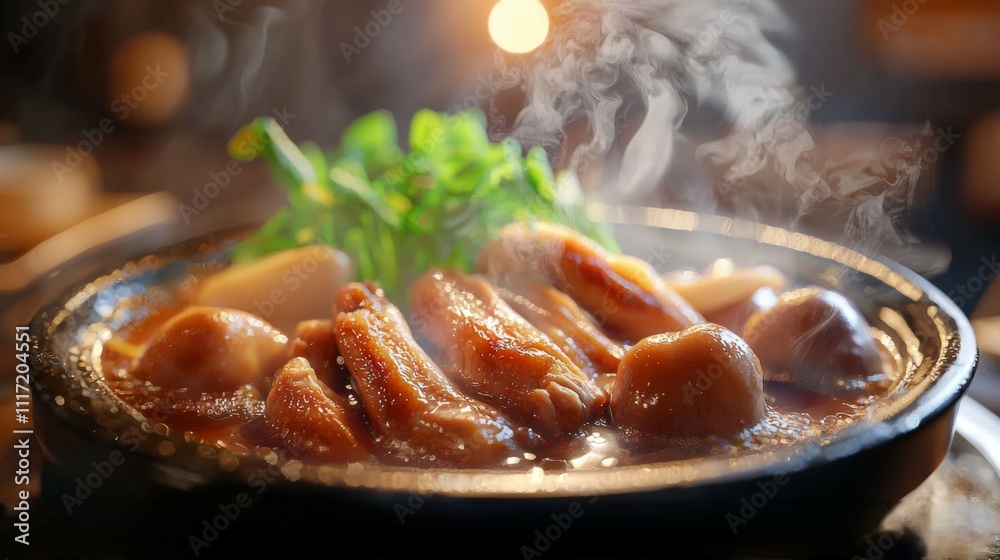 Steaming Hotpot Chicken Delicious Spicy Broth Juicy Chicken Mushrooms Greens Steaming Hotpot Chicken Delicious Spicy Broth Juicy Chicken Mushrooms Greens