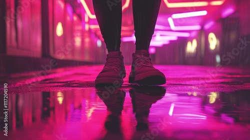 Wallpaper Mural Woman's feet in sneakers reflecting in neon-lit rain puddle. Torontodigital.ca