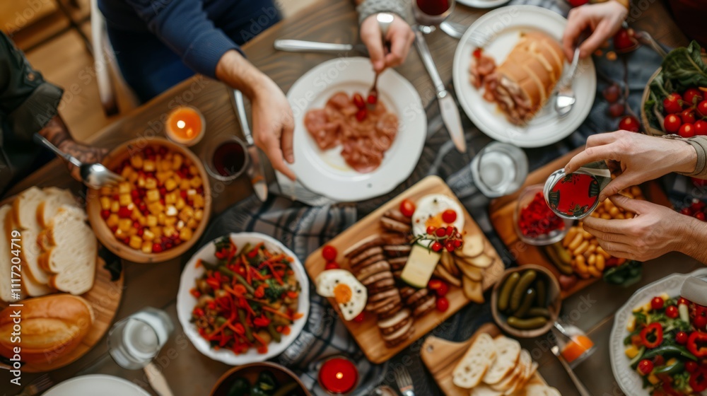 Fototapeta premium A Vibrant Table Spread with Assorted Dishes, Fresh Ingredients, and People Enjoying a Delicious Meal Together in a Cozy Dining Setting