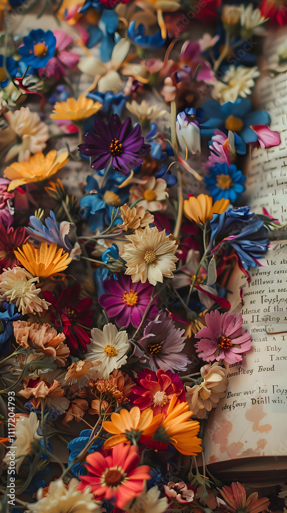 Fototapeta premium A colorful bouquet of flowers is scattered on top of a book. The flowers are of various colors and sizes, creating a vibrant and lively scene. The book is open