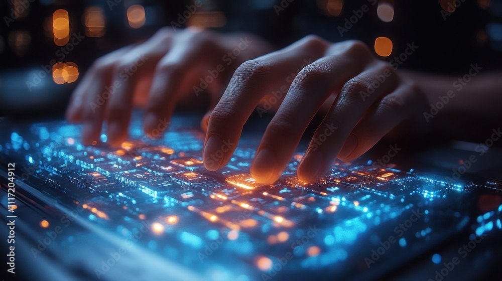 Close-up of hands typing on a glowing keyboard at night. Close-up of hands typing on a glowing keyboard at night.