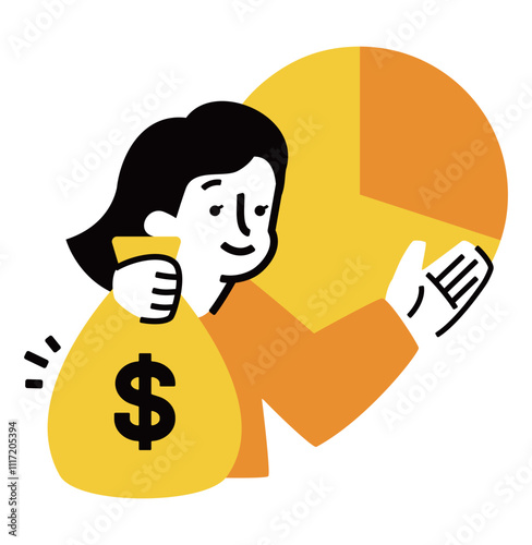女性投資家のNISA活用：ドルと円グラフで見る株と投資信託のイラスト_お金の袋を持った女性