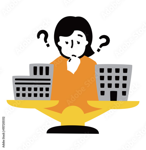 不動産投資や株をする若い女性が建物を天秤にかけて迷うお金に関するイラスト_FIRE、アーリーリタイア等