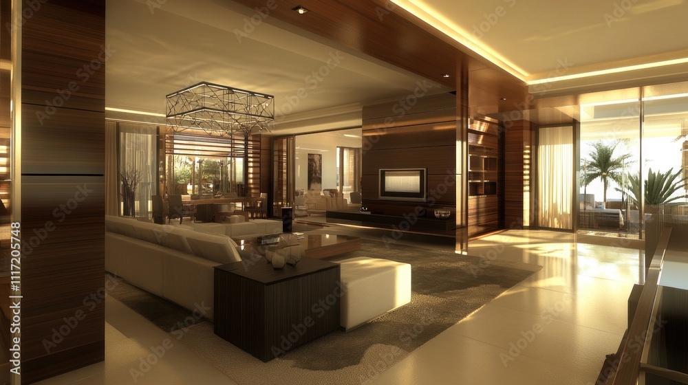 Luxurious modern apartment interior design with open plan living space, wooden wall paneling, and large windows showing a tropical view. Luxurious modern apartment interior design with open plan living space, wooden wall paneling, and large windows showing a tropical view.