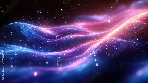 Abstract glowing particles forming wavy lines in blue, pink and orange hues on a dark background.