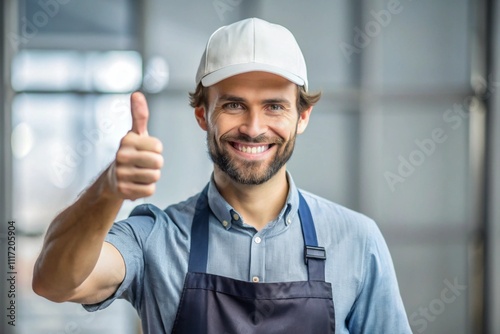 A man wearing a blue plaid shirt and apron is giving a thumbs up