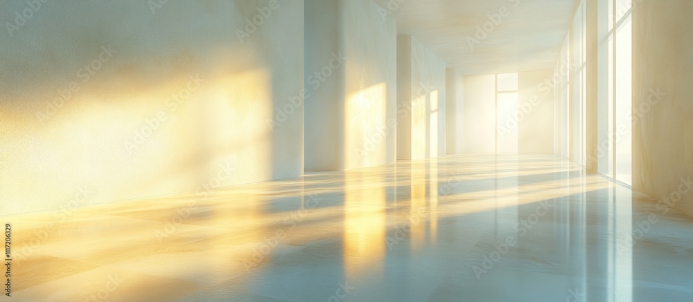 Sunlit modern empty hallway with glossy floor. Sunlit modern empty hallway with glossy floor.