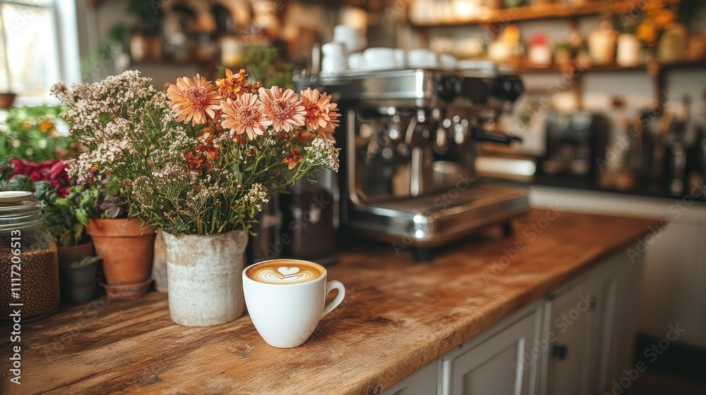 Latte art in a coffee shop with flowers. Latte art in a coffee shop with flowers.