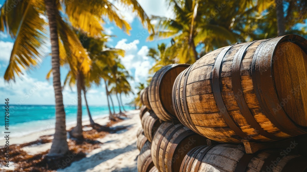 Wooden barrels stacked on a tropical beach with palm trees and ocean view. Wooden barrels stacked on a tropical beach with palm trees and ocean view.