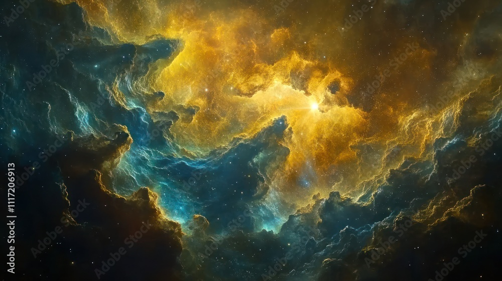Vibrant nebula with swirling clouds of gold and blue gas and dust, interspersed with stars. Vibrant nebula with swirling clouds of gold and blue gas and dust, interspersed with stars.