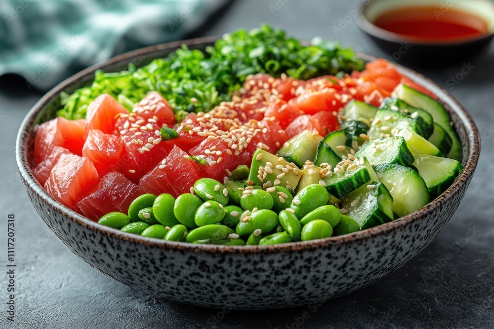 Fresh tuna poke bowl with edamame, avocado, cucumber, and sesame seeds. Fresh tuna poke bowl with edamame, avocado, cucumber, and sesame seeds.