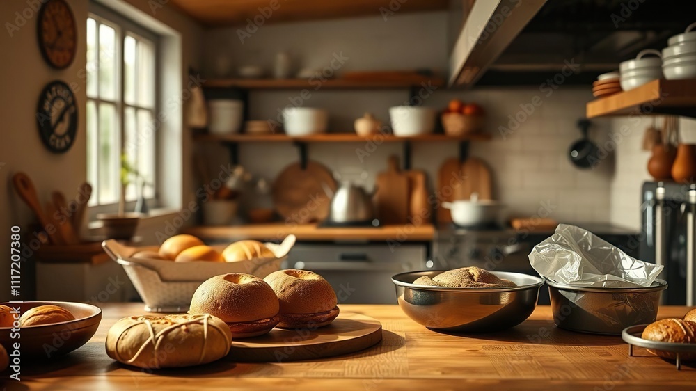 The smell of freshly baked goods wafts through the air as a warm meal is prepared in the kitchen, comforting aromas, cozy cabin The smell of freshly baked goods wafts through the air as a warm meal is prepared in the kitchen, comforting aromas, cozy cabin