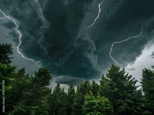 An upward shot of dramatic storm clouds rolling above a dense green forest, creating a powerful contrast. photo