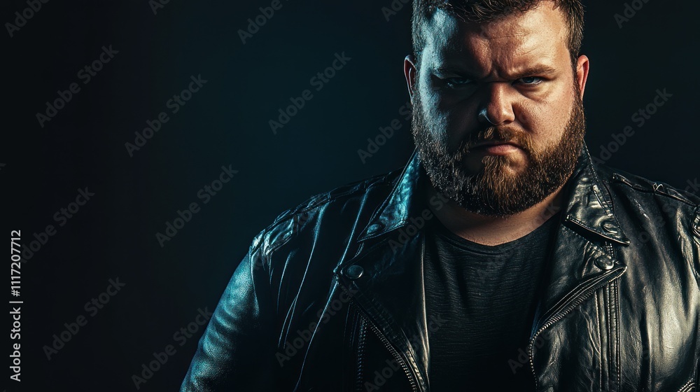 Close-up portrait of a serious, bearded man in a leather jacket against a dark background. Close-up portrait of a serious, bearded man in a leather jacket against a dark background.