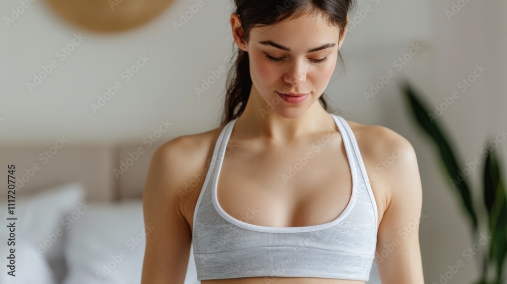 Young Woman in Sports Bra Engaged in Fitness Routine, Focusing on Exercise Goals and Healthy Lifestyle in Bright and Modern Indoor Setting