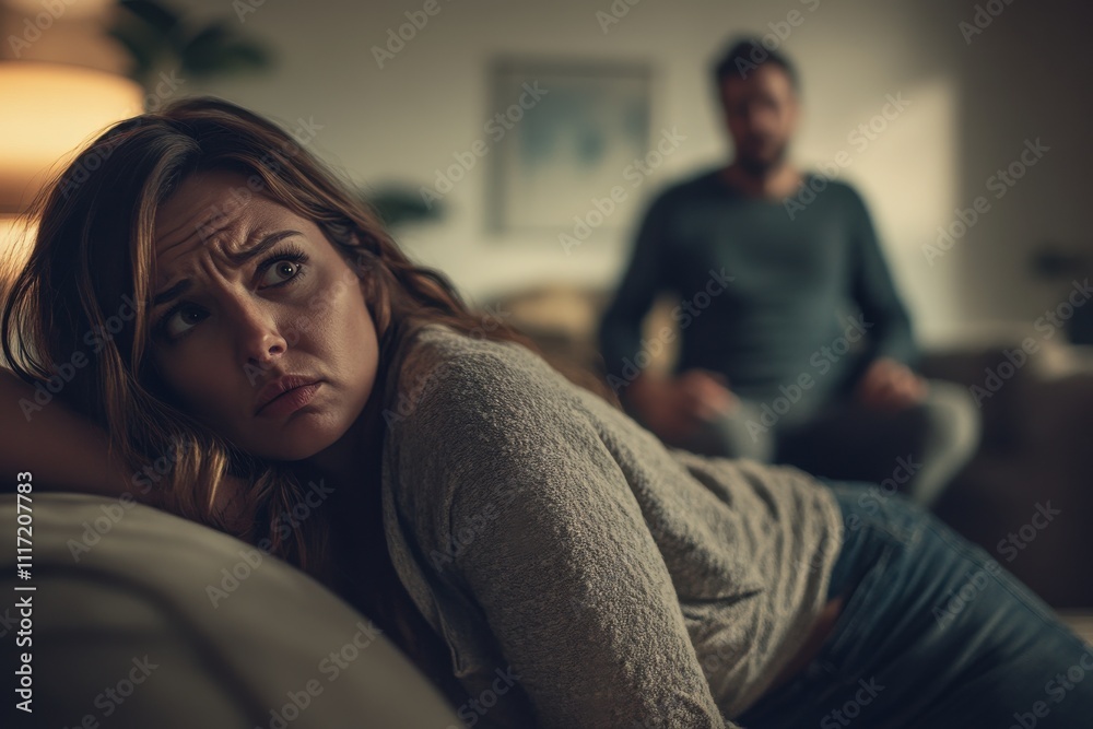 Couple in conflict emotional tension woman lying on couch man standing in background domestic Couple in conflict emotional tension woman lying on couch man standing in background domestic